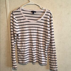 Tommy Hilfiger White and Black Striped Long Sleeve Tee